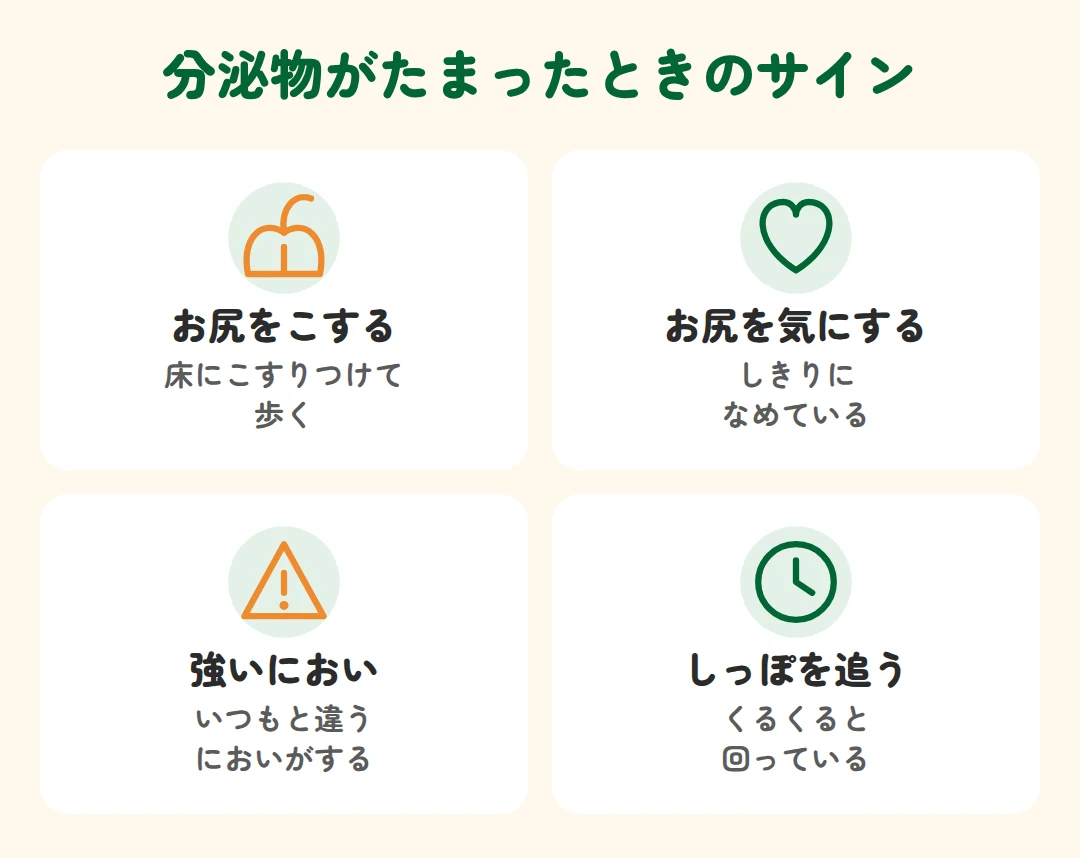 お尻をこする、お尻を気にしてなめる、強いにおい、しっぽを追って回る