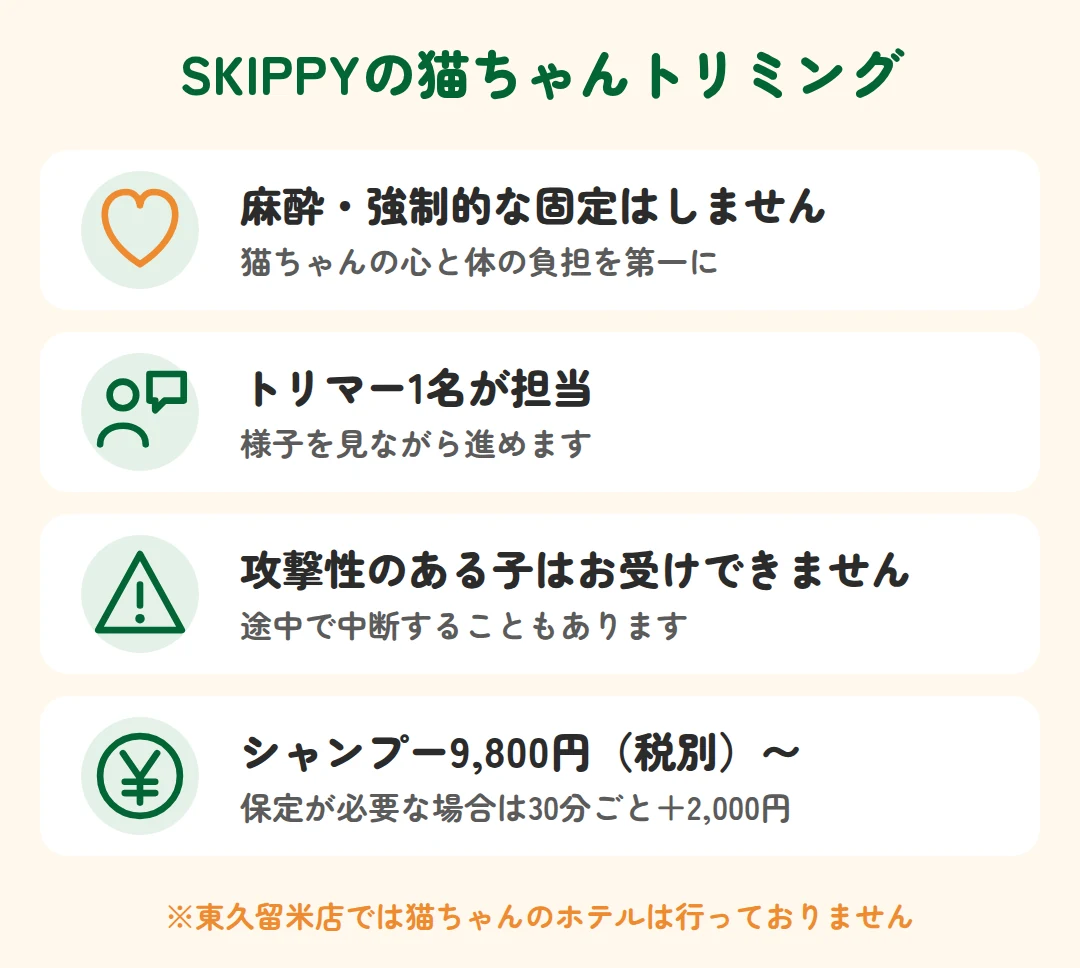 麻酔や強制的な固定はせず、トリマー1名が担当。攻撃性のある猫はお受けできない。シャンプー9,800円(税別)から
