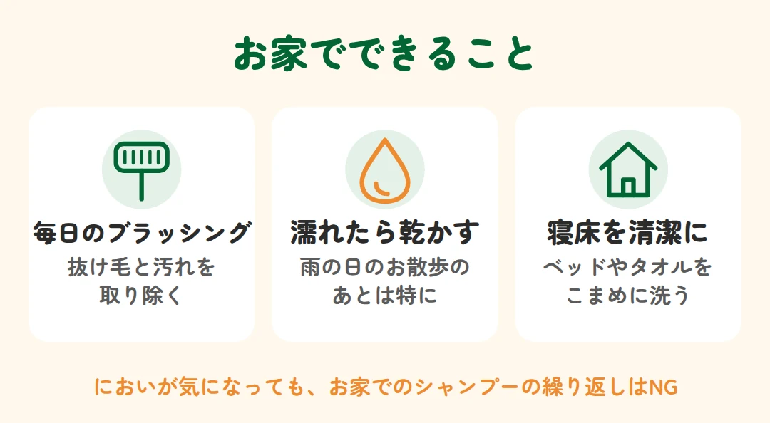 毎日のブラッシング、濡れたら乾かす、寝床を清潔に