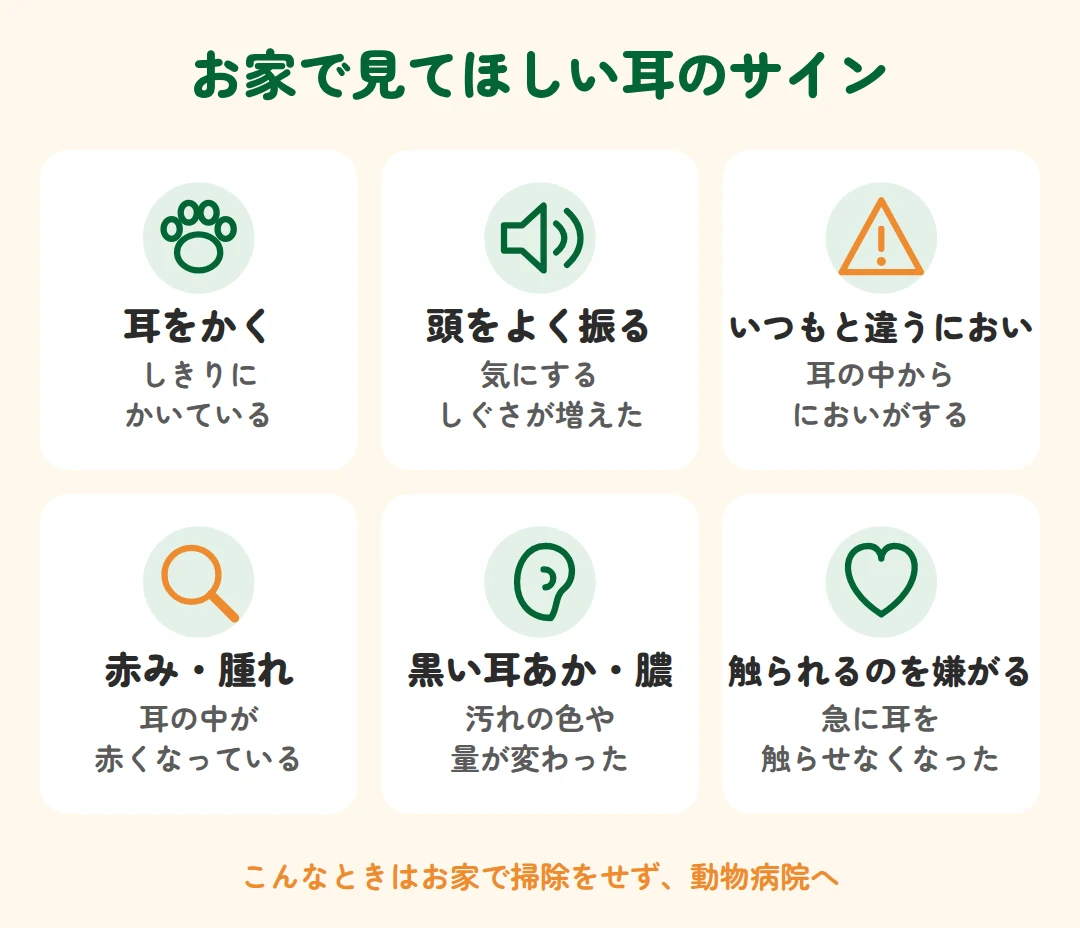 耳をかく、頭をよく振る、いつもと違うにおい、赤み・腫れ、黒い耳あか・膿、触られるのを嫌がる