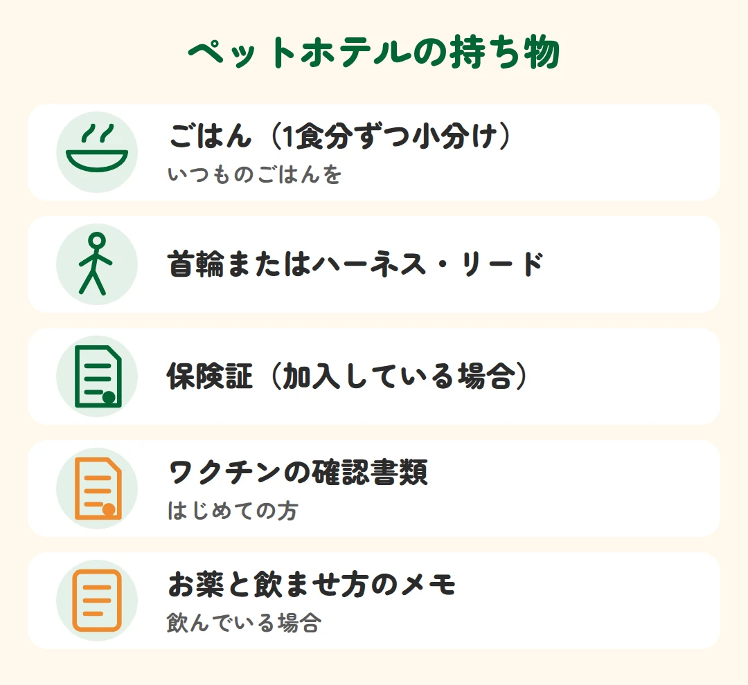 ごはん、首輪またはハーネス・リード、保険証、ワクチンの確認書類、お薬と飲ませ方のメモ
