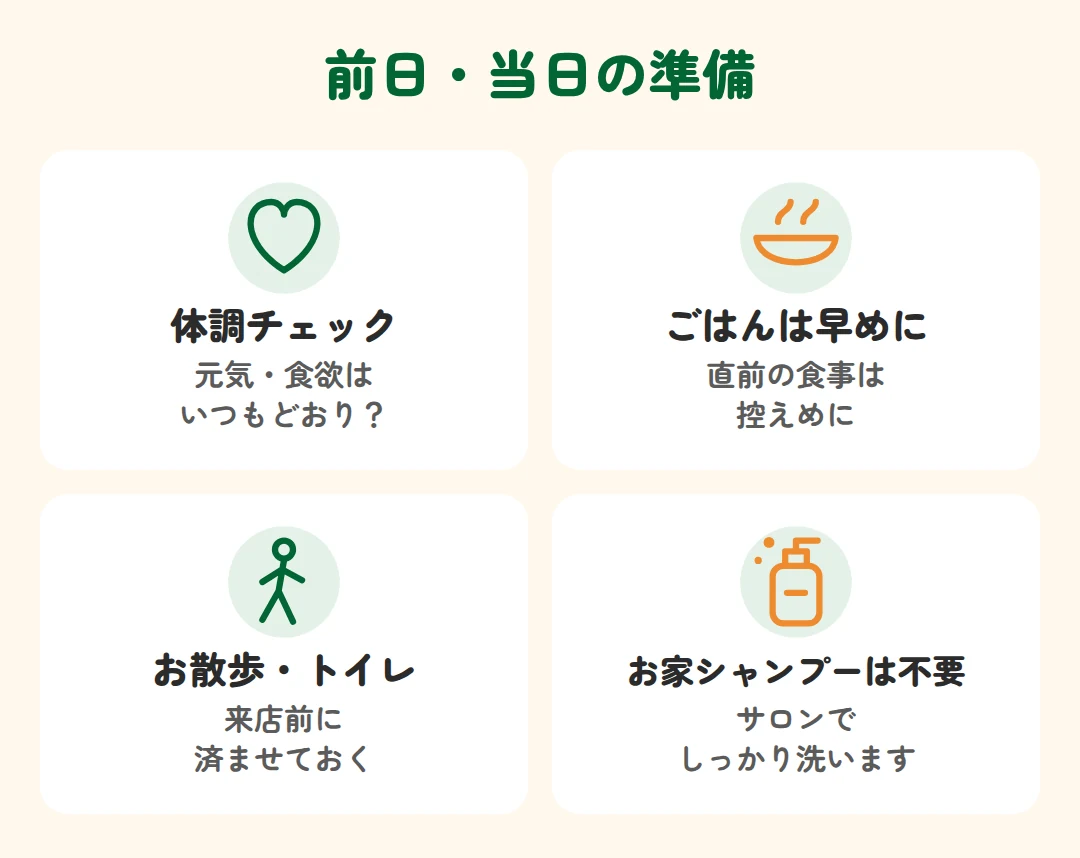 体調チェック、ごはんは早めに、お散歩・トイレを済ませる、お家でのシャンプーは不要
