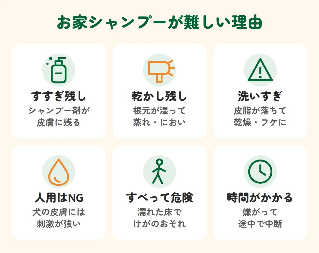 すすぎ残し、乾かし残し、洗いすぎ、人用シャンプーはNG、すべって危険、時間がかかる