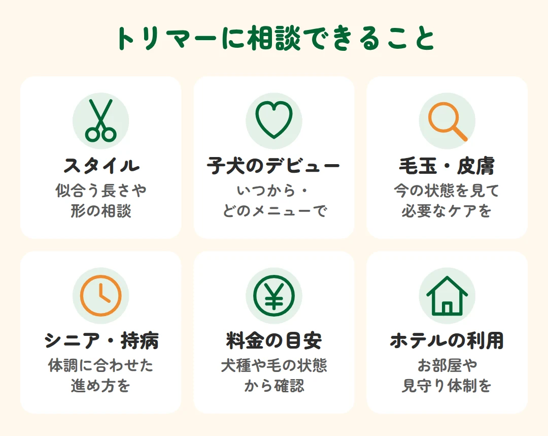 スタイル、子犬のデビュー、毛玉・皮膚、シニア・持病、料金の目安、ホテルの利用