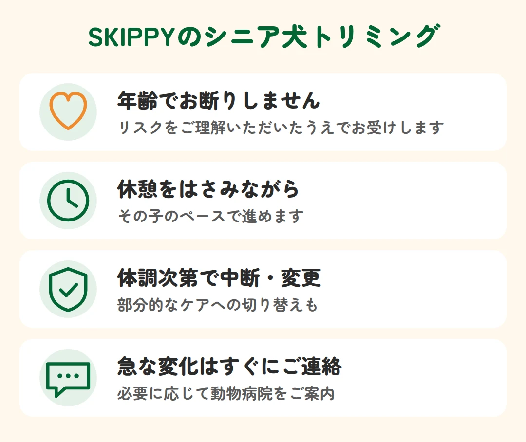SKIPPYは年齢でお断りせず、休憩をはさみながら進め、体調次第で中断・変更し、急な変化はすぐに連絡します