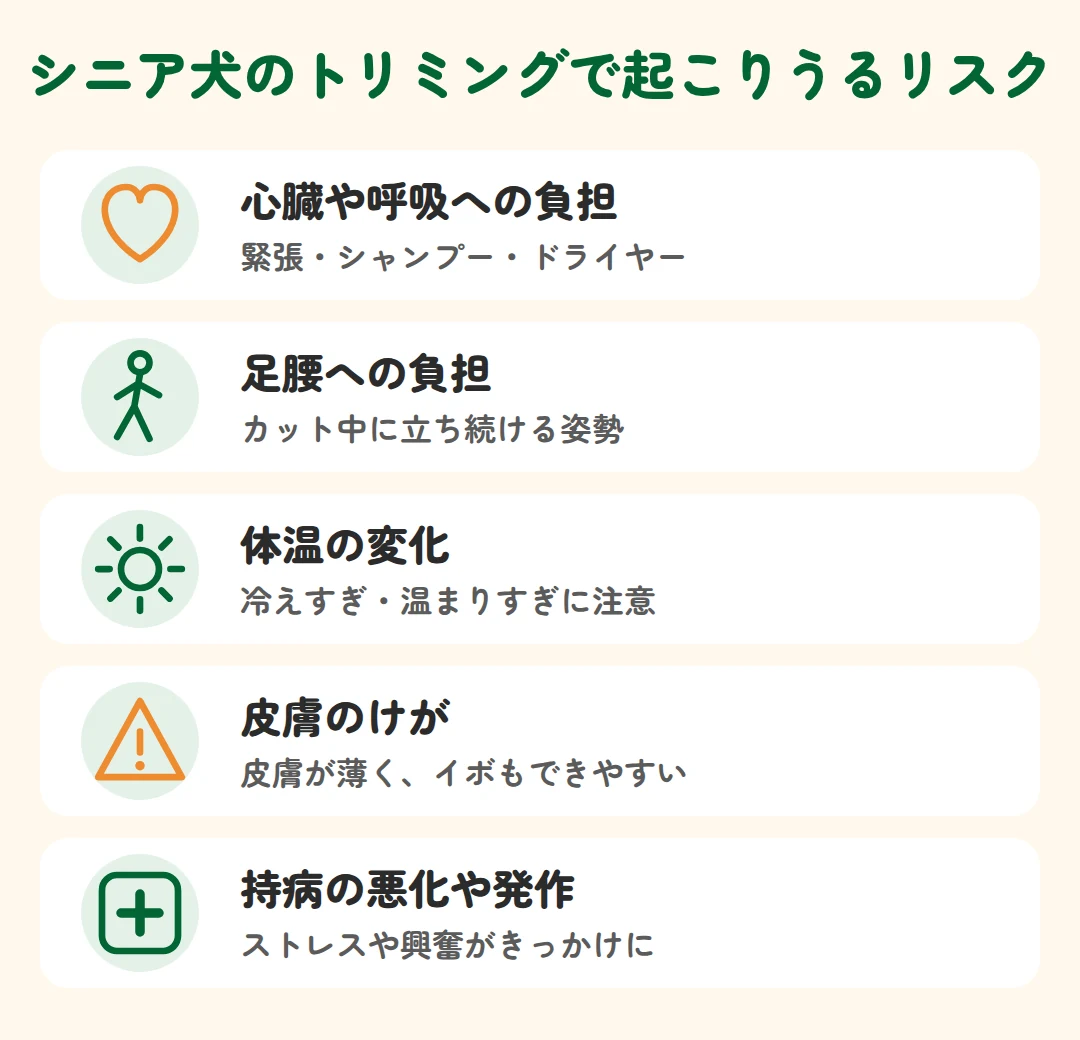 心臓や呼吸への負担、足腰への負担、体温の変化、皮膚のけが、持病の悪化や発作