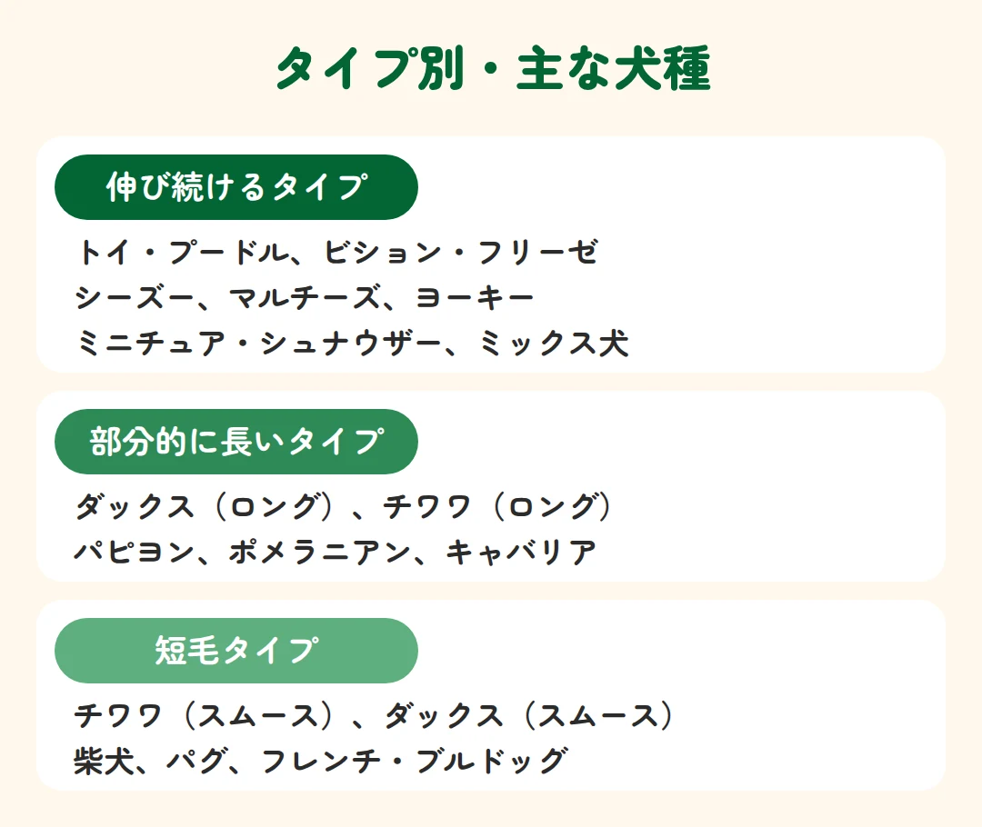 トリミングが必要な伸び続けるタイプ、部分的に長いタイプ、シャンプーだけで大丈夫な短毛タイプの主な犬種