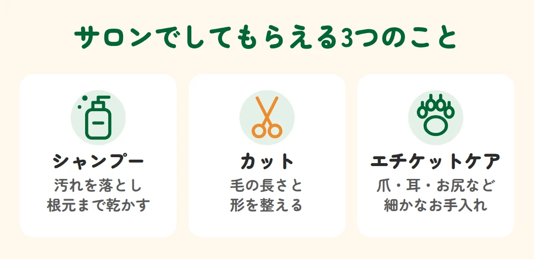 トリミングサロンでしてもらえる3つのこと：シャンプー、カット、エチケットケア