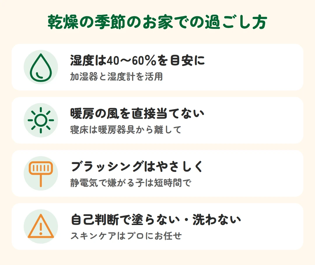 湿度は40〜60％を目安に、暖房の風を直接当てない、ブラッシングはやさしく、自己判断で塗らない・洗わない