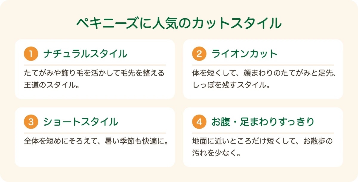 ペキニーズに人気のカットスタイル（ナチュラル・ライオンカット・ショート・お腹足まわりすっきり）
